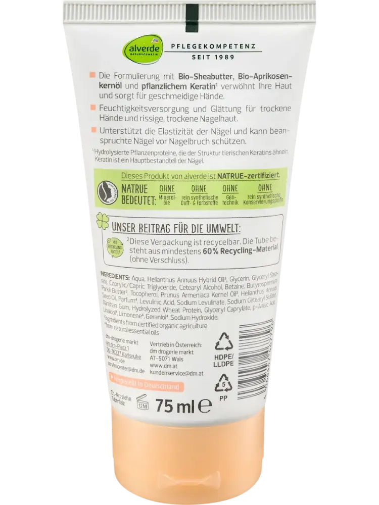 alverde COSMÉTIQUE NATURELLE Baume mains et ongles à l’huile de noyau d’abricot et à la kératine végétale, 75 ml - Image 2