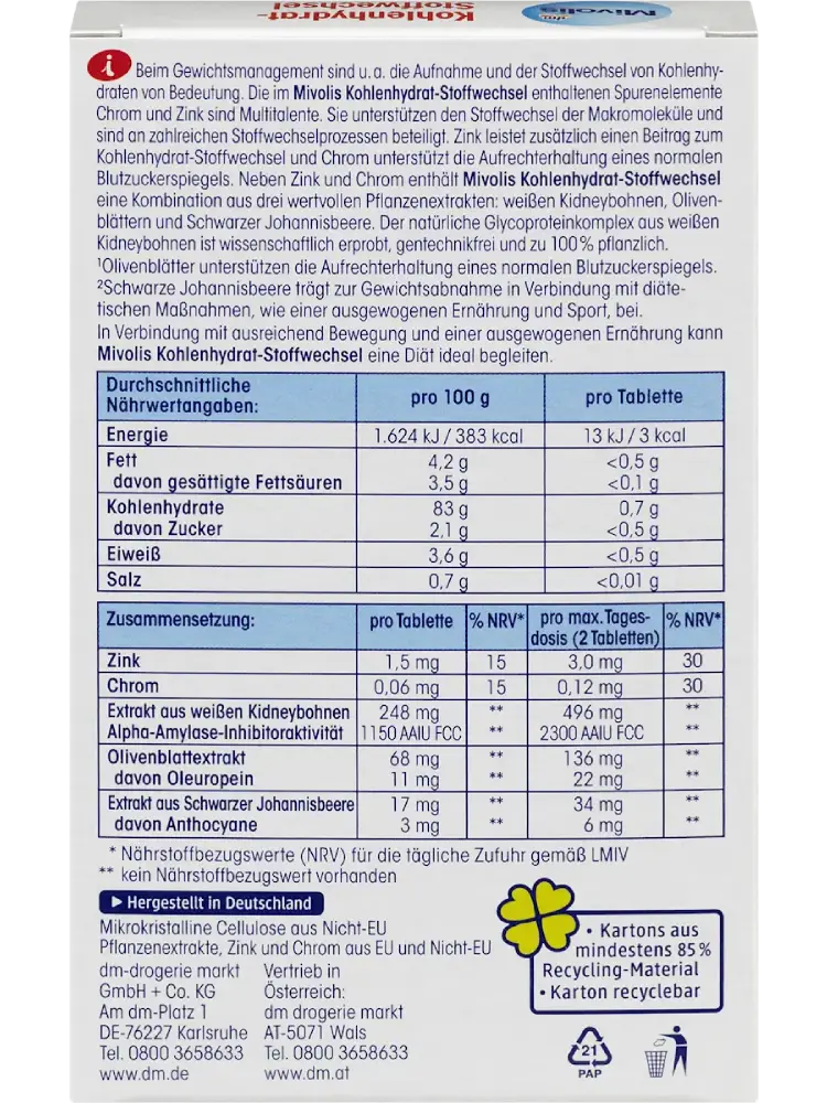 Mivolis Comprimés Métabolisme des glucides, 20 pièces (16 g) - Image 2