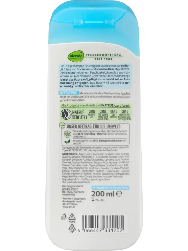 alverde COSMÉTIQUE NATURELLE Shampooing Hydratant à l’Aloe Vera et à l’Acide Hyaluronique, 200 ml - Image 2