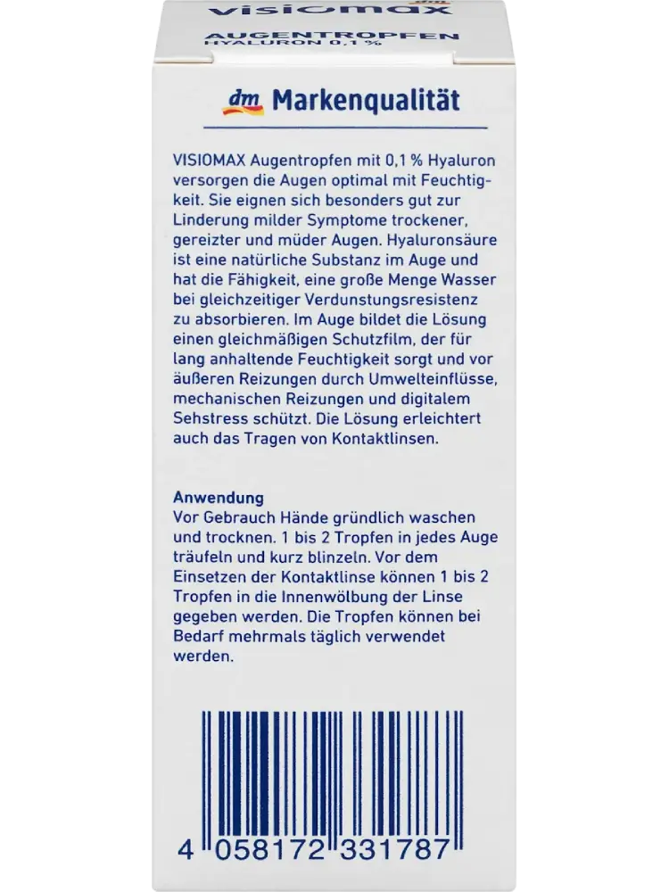 Visiomax Gouttes oculaires avec 0,1 % d’acide hyaluronique, 15 ml - Image 3